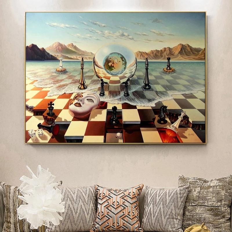 Salvador Dali Surrealism Chess Mask on Sea Canvas Paintings | Abstract Posters and Prints | Wall Pictures for Living Room Home Decor